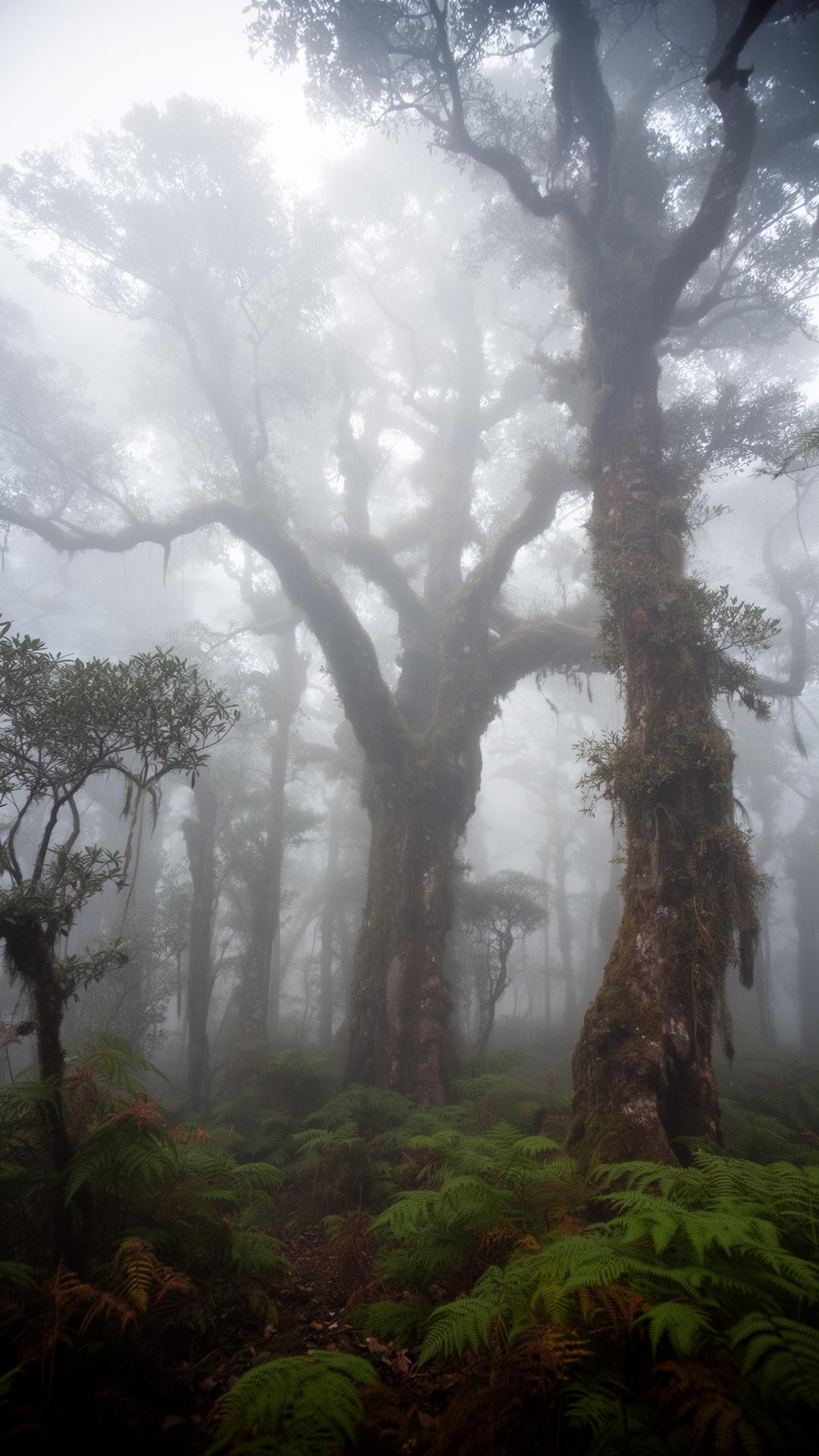 Misty ancient forest canopy on Mount Kulal